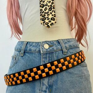 Black Orange Y2K Triple Row Pyramid Studded Belt, Fits 30-37 Inches, X7GA1556